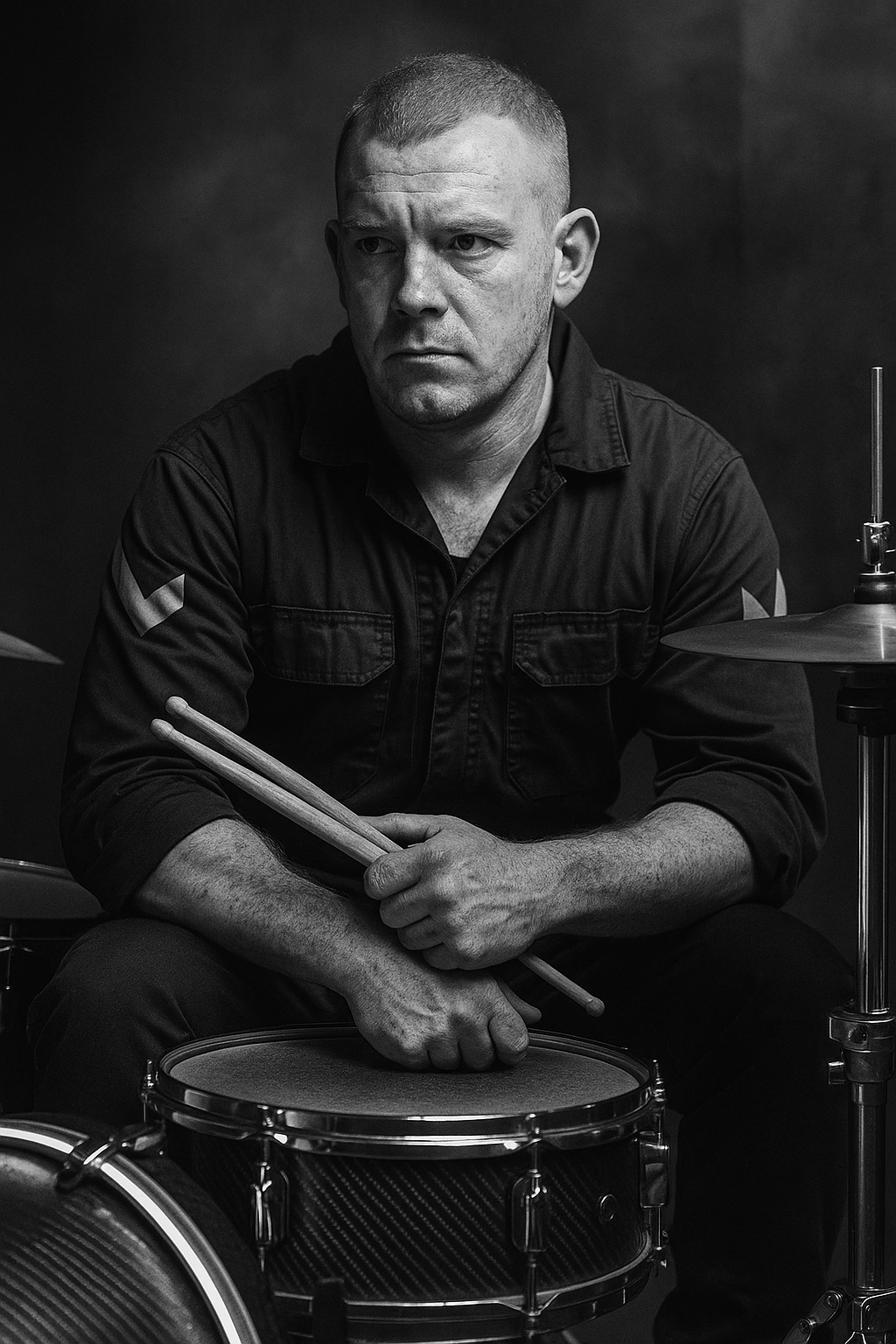 Black-and-white portrait of James “Muha” Talbot behind LED-rim hybrid drum kit